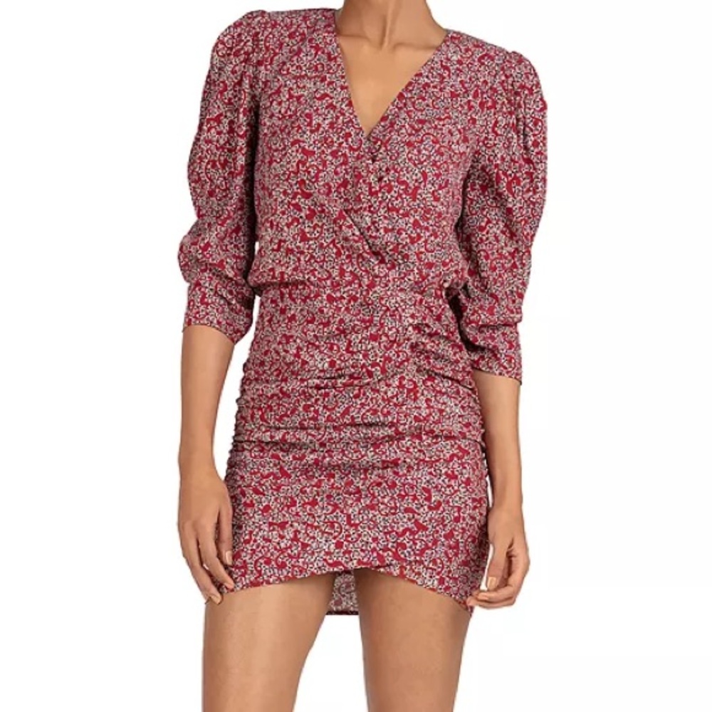 ba&sh dress Crystal Puff Sleeve Ruched in carmin floral print
